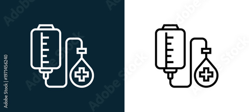 Two-color blood donation outline icon pair in black and white, editable stroke vector illustration for web, mobile apps, UI design, branding, and print from charity elements