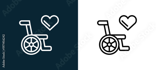 Two-color wheelchair outline icon pair in black and white, editable stroke vector illustration for web, mobile apps, UI design, branding, and print from charity elements