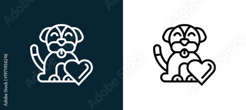 Two-color dog outline icon pair in black and white, editable stroke vector illustration for web, mobile apps, UI design, branding, and print from charity elements
