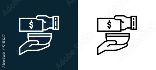 Two-color donate outline icon pair in black and white, editable stroke vector illustration for web, mobile apps, UI design, branding, and print from charity elements