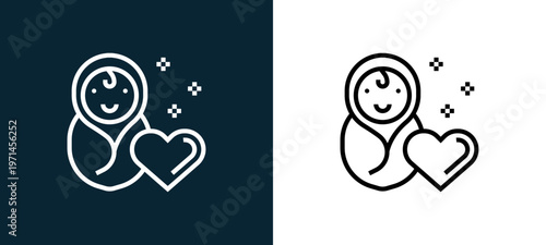 Two-color newborn outline icon pair in black and white, editable stroke vector illustration for web, mobile apps, UI design, branding, and print from charity elements