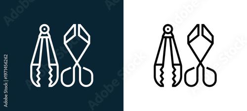 Two-color tongs outline icon pair in black and white, editable stroke vector illustration for web, mobile apps, UI design, branding, and print from and grill