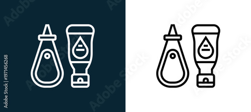 Two-color sauces outline icon pair in black and white, editable stroke vector illustration for web, mobile apps, UI design, branding, and print from and grill