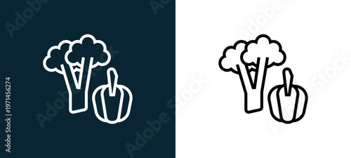 Two-color vegetables outline icon pair in black and white, editable stroke vector illustration for web, mobile apps, UI design, branding, and print from and grill