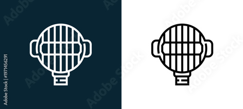 Two-color griddle outline icon pair in black and white, editable stroke vector illustration for web, mobile apps, UI design, branding, and print from and grill