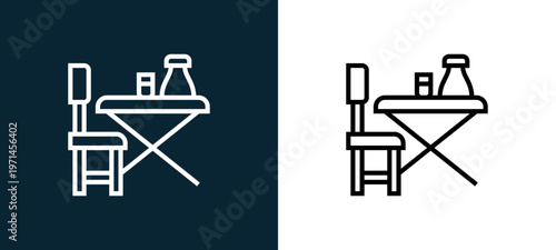 Two-color dinner table outline icon pair in black and white, editable stroke vector illustration for web, mobile apps, UI design, branding, and print from and grill