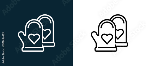 Two-color mittens outline icon pair in black and white, editable stroke vector illustration for web, mobile apps, UI design, branding, and print from and grill