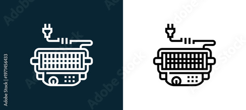 Two-color electric grill outline icon pair in black and white, editable stroke vector illustration for web, mobile apps, UI design, branding, and print from and grill