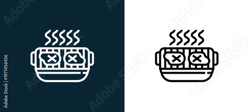 Two-color electric grill outline icon pair in black and white, editable stroke vector illustration for web, mobile apps, UI design, branding, and print from and grill