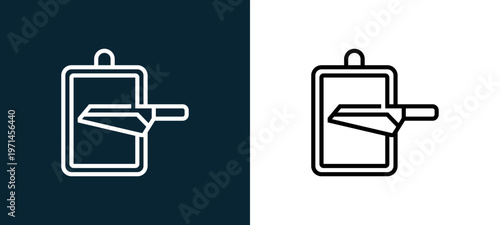 Two-color knife outline icon pair in black and white, editable stroke vector illustration for web, mobile apps, UI design, branding, and print from and grill