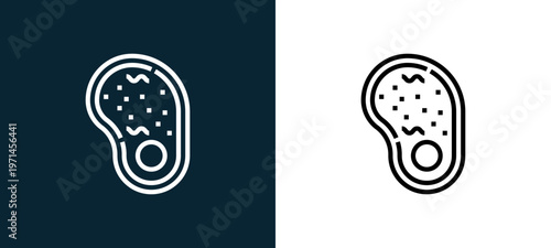 Two-color steak outline icon pair in black and white, editable stroke vector illustration for web, mobile apps, UI design, branding, and print from and grill