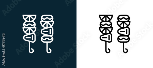 Two-color skewer outline icon pair in black and white, editable stroke vector illustration for web, mobile apps, UI design, branding, and print from and grill