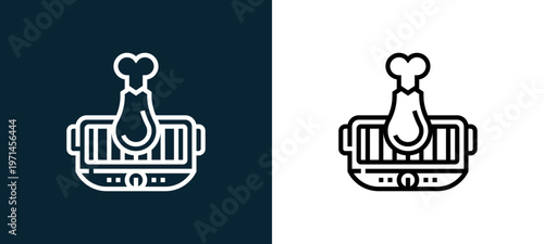 Two-color chicken outline icon pair in black and white, editable stroke vector illustration for web, mobile apps, UI design, branding, and print from and grill