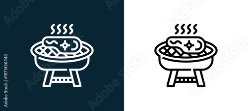 Two-color grill outline icon pair in black and white, editable stroke vector illustration for web, mobile apps, UI design, branding, and print from and grill