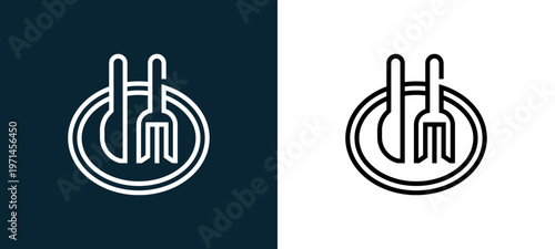 Two-color cutlery outline icon pair in black and white, editable stroke vector illustration for web, mobile apps, UI design, branding, and print from and grill