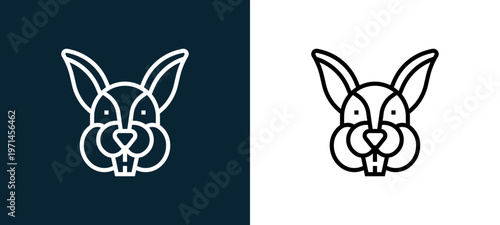 Two-color rabbit outline icon pair in black and white, editable stroke vector illustration for web, mobile apps, UI design, branding, and print from animal head