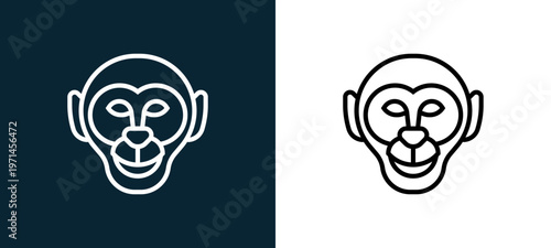 Two-color monkey outline icon pair in black and white, editable stroke vector illustration for web, mobile apps, UI design, branding, and print from animal head