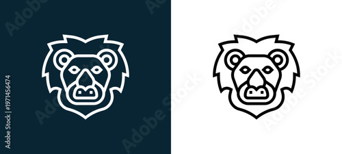 Two-color lion outline icon pair in black and white, editable stroke vector illustration for web, mobile apps, UI design, branding, and print from animal head