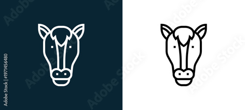 Two-color horse outline icon pair in black and white, editable stroke vector illustration for web, mobile apps, UI design, branding, and print from animal head