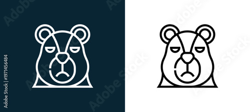 Two-color bear outline icon pair in black and white, editable stroke vector illustration for web, mobile apps, UI design, branding, and print from animal head