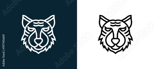Two-color tiger outline icon pair in black and white, editable stroke vector illustration for web, mobile apps, UI design, branding, and print from animal head