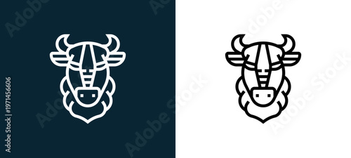 Two-color bison outline icon pair in black and white, editable stroke vector illustration for web, mobile apps, UI design, branding, and print from animal head