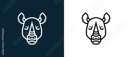 Two-color rhino outline icon pair in black and white, editable stroke vector illustration for web, mobile apps, UI design, branding, and print from animal head