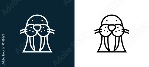 Two-color walrus outline icon pair in black and white, editable stroke vector illustration for web, mobile apps, UI design, branding, and print from animal head