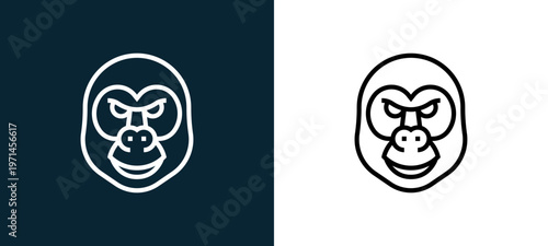 Two-color gorilla outline icon pair in black and white, editable stroke vector illustration for web, mobile apps, UI design, branding, and print from animal head