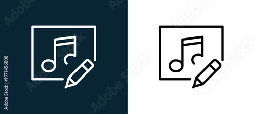 Two-color music player outline icon pair in black and white, editable stroke vector illustration for web, mobile apps, UI design, branding, and print from interaction set