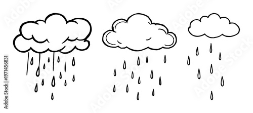 Rain cloud set with black line art showing a stylized cloud and falling raindrops on white background featuring rain cloud, raindrops, line art with black and white background