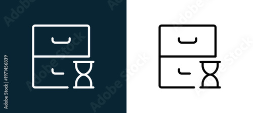 Two-color archive outline icon pair in black and white, editable stroke vector illustration for web, mobile apps, UI design, branding, and print from interaction set