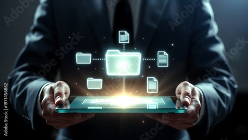 Businessman interacting with virtual social network icons on touchscreen