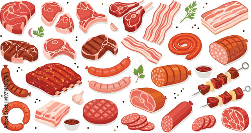Raw and cooked meat vector set featuring steaks, sausages, bacon, and deli cuts with detailed butcher style illustrations
