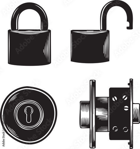 A set of four different types of locks and keys