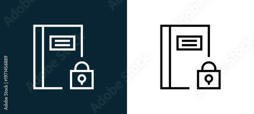 Two-color notebook outline icon pair in black and white, editable stroke vector illustration for web, mobile apps, UI design, branding, and print from interaction set