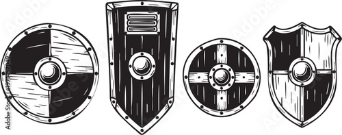Four medieval shields with different shapes and designs