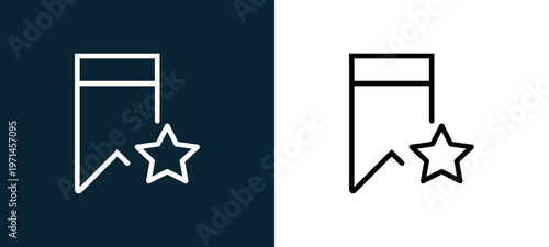 Two-color bookmark outline icon pair in black and white, editable stroke vector illustration for web, mobile apps, UI design, branding, and print from interaction set