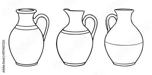 Terracotta jugs set with black line art depiction on white background featuring terracotta, line art, handle with texture and vintage style