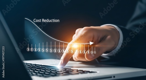 Person using laptop showing cost reduction savings graph with dollar icons