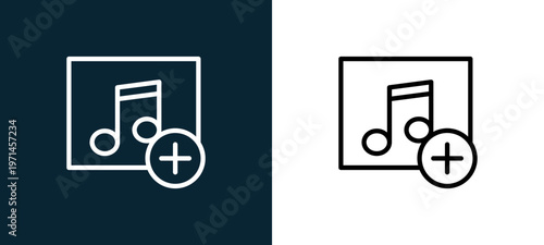 Two-color music player outline icon pair in black and white, editable stroke vector illustration for web, mobile apps, UI design, branding, and print from interaction set