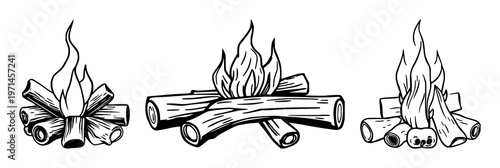 Campfire set with three logs and simple line art design featuring bonfire, flame, kindling with wood and warmth