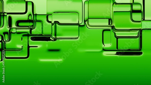 Abstract fluid like collection of sqaures with curved edges appear and disappear. Transparent shapes in various shades of vibrant lime green arranged in an overlapping pattern. Seamless 3d animation