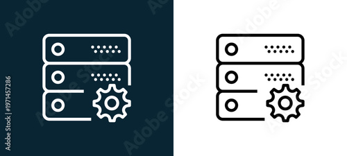 Two-color server outline icon pair in black and white, editable stroke vector illustration for web, mobile apps, UI design, branding, and print from interaction set