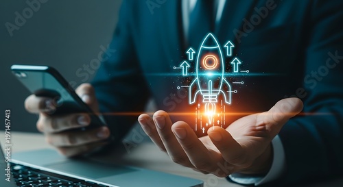Business Professional Holding Digital Rocket Symbolizing Growth and Innovation