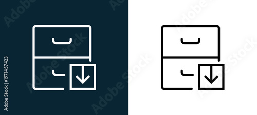 Two-color archive outline icon pair in black and white, editable stroke vector illustration for web, mobile apps, UI design, branding, and print from interaction set