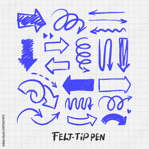 Isolated blue marker hand drawn arrows set. Chaos scribbled felt tip pen pointers and directional signs on grid background. Vector rough sketch elements collection for presentation and infographic.