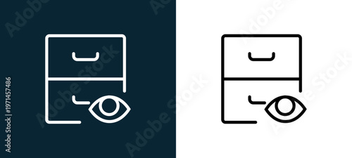 Two-color archive outline icon pair in black and white, editable stroke vector illustration for web, mobile apps, UI design, branding, and print from interaction set