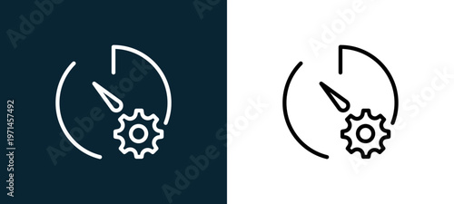 Two-color stopwatch outline icon pair in black and white, editable stroke vector illustration for web, mobile apps, UI design, branding, and print from interaction set