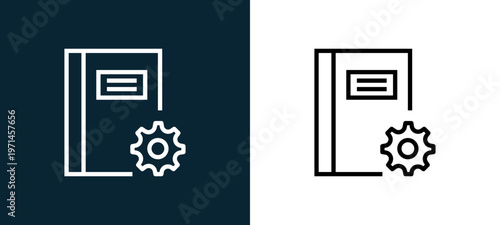 Two-color notebook outline icon pair in black and white, editable stroke vector illustration for web, mobile apps, UI design, branding, and print from interaction set